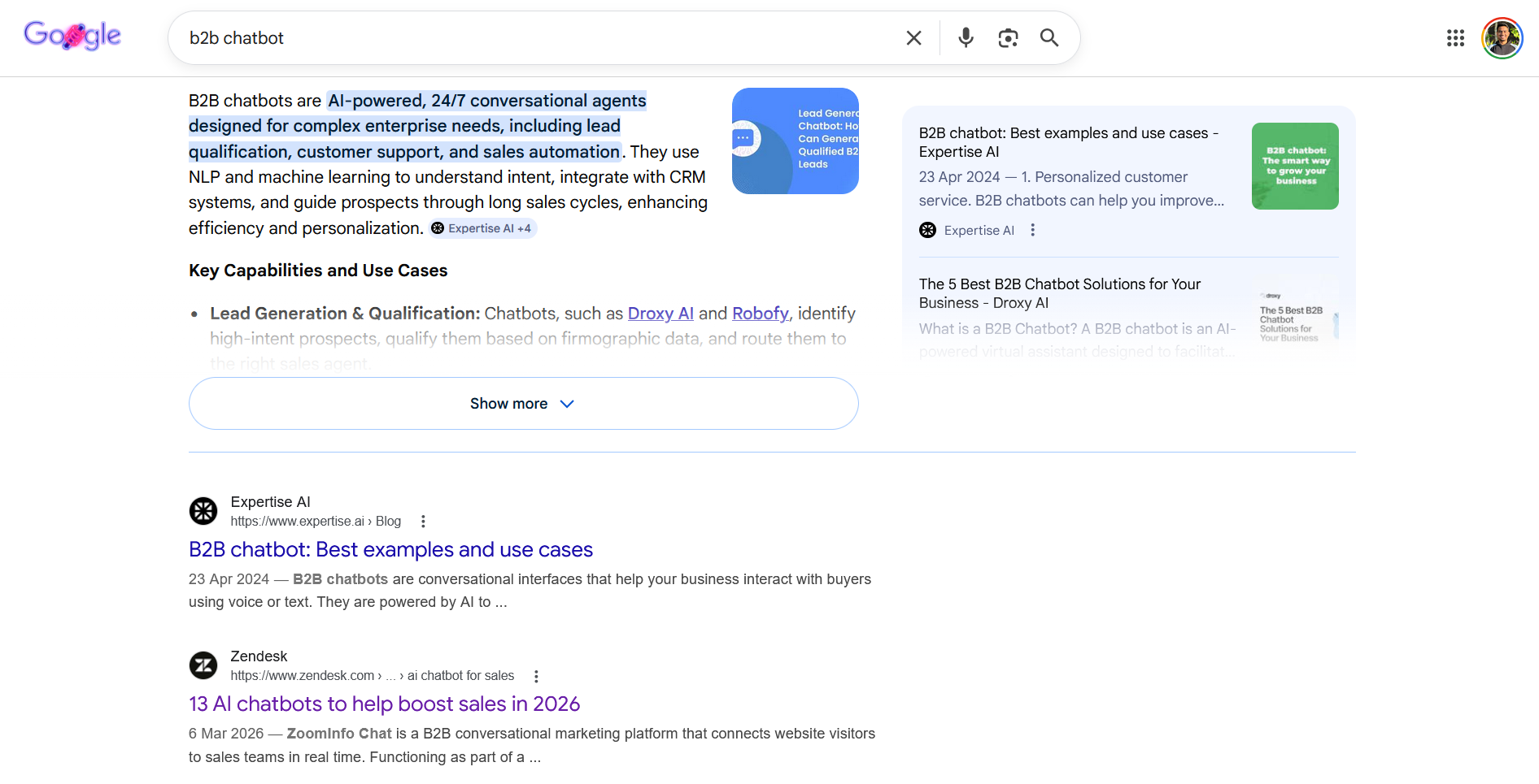 Expertise AI (previously Chatsimple) still ranks on the first page for the keyword “B2B chatbot” today