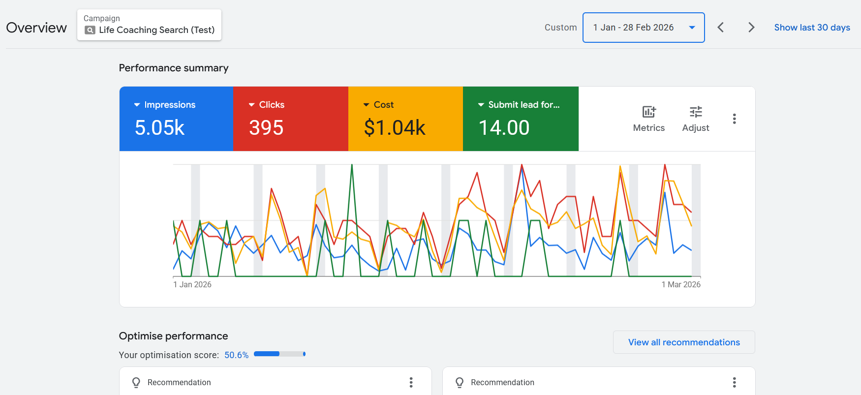 Generated 14 qualified leads with a focused Google Ads campaign and a monthly budget of around $500.